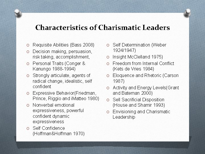 Characteristics of Charismatic Leaders O Requisite Abilities (Bass 2008) O Self Determination (Weber O