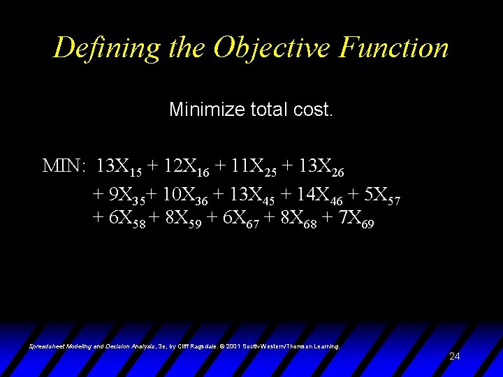 Defining the Objective Function Minimize total cost. MIN: 13 X 15 + 12 X