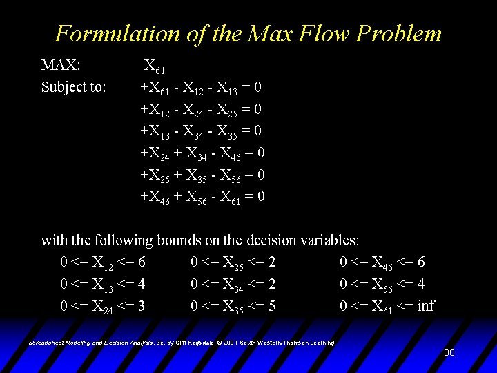 Formulation of the Max Flow Problem MAX: Subject to: X 61 +X 61 -