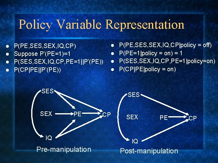 Policy Variable Representation P(PE, SES, SEX, IQ, CP) l Suppose P’(PE=1)=1 l P(SES, SEX,