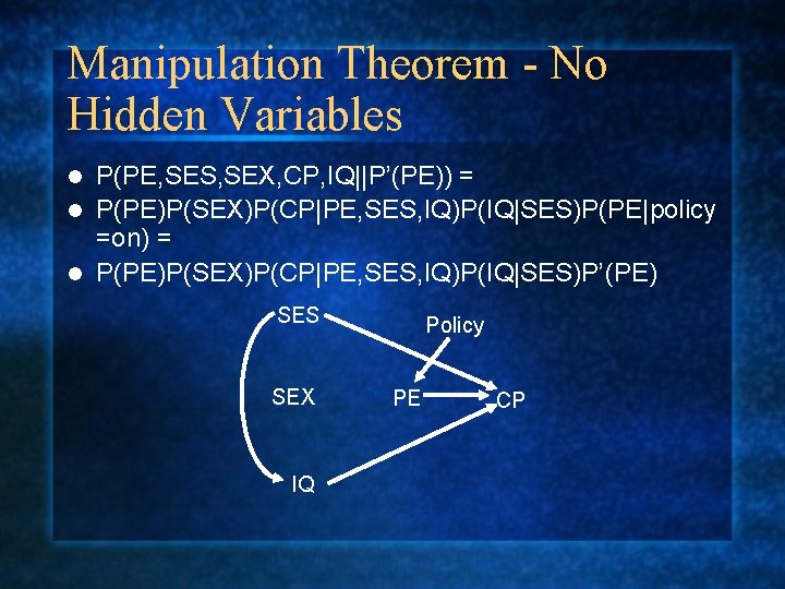 Manipulation Theorem - No Hidden Variables P(PE, SES, SEX, CP, IQ||P’(PE)) = l P(PE)P(SEX)P(CP|PE,