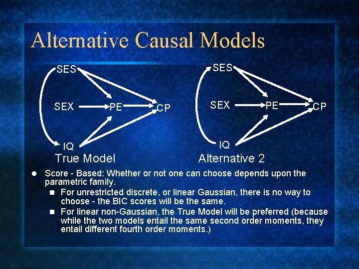 Alternative Causal Models SES SEX IQ PE True Model l CP SEX PE CP