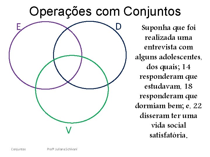 Operações com Conjuntos D E V Conjuntos Profª Juliana Schivani Suponha que foi realizada