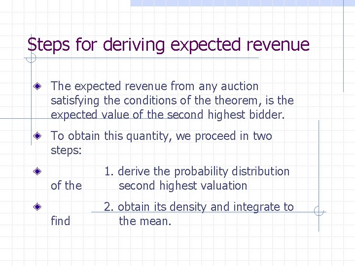 Steps for deriving expected revenue The expected revenue from any auction satisfying the conditions