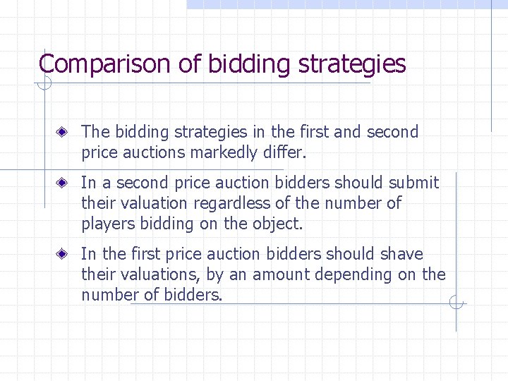 Comparison of bidding strategies The bidding strategies in the first and second price auctions