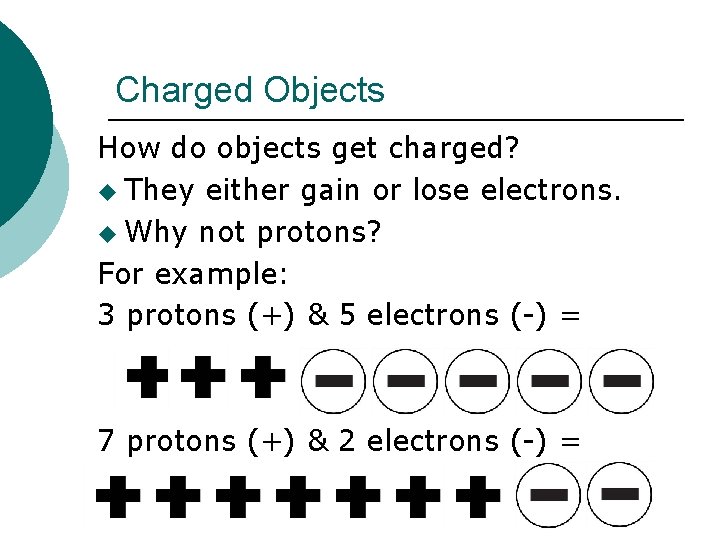 Charged Objects How do objects get charged? u They either gain or lose electrons.