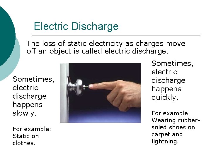 Electric Discharge The loss of static electricity as charges move off an object is