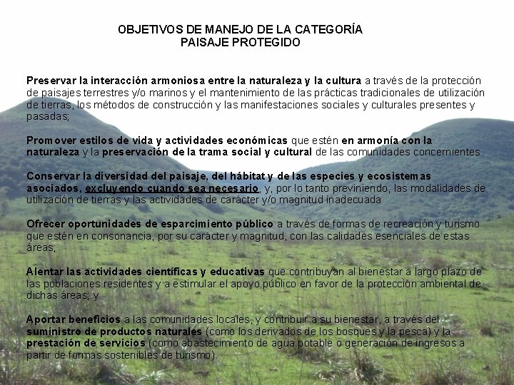 OBJETIVOS DE MANEJO DE LA CATEGORÍA PAISAJE PROTEGIDO Preservar la interacción armoniosa entre la OBJETIVOS DE MANEJO DE LA CATEGORÍA PAISAJE PROTEGIDO Preservar la interacción armoniosa entre la