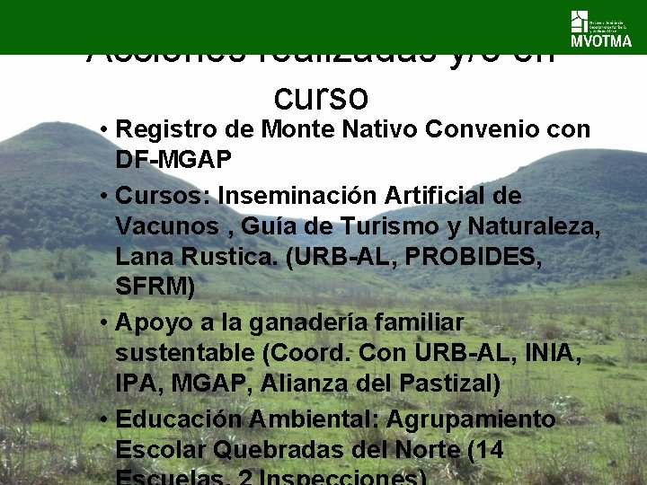 Acciones realizadas y/o en curso • Registro de Monte Nativo Convenio con DF-MGAP • Acciones realizadas y/o en curso • Registro de Monte Nativo Convenio con DF-MGAP •