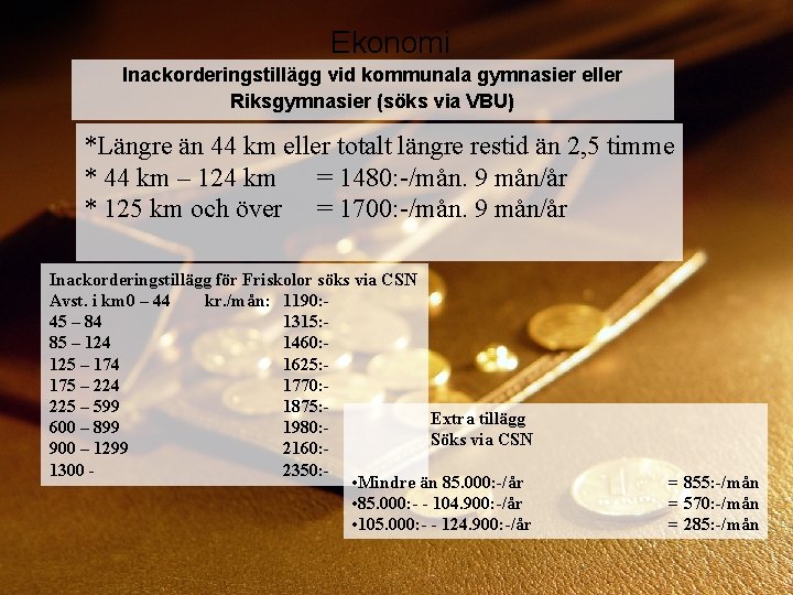 Ekonomi Inackorderingstillägg vid kommunala gymnasier eller Riksgymnasier (söks via VBU) *Längre än 44 km