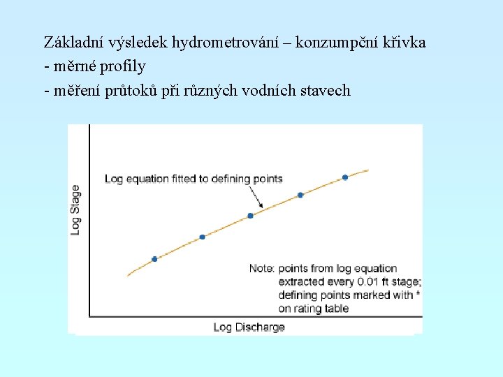 Základní výsledek hydrometrování – konzumpční křivka - měrné profily - měření průtoků při různých