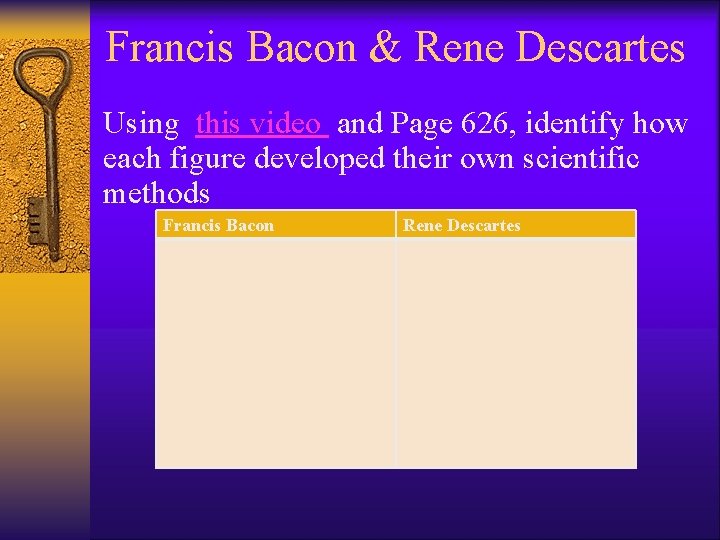 Francis Bacon & Rene Descartes Using this video and Page 626, identify how each