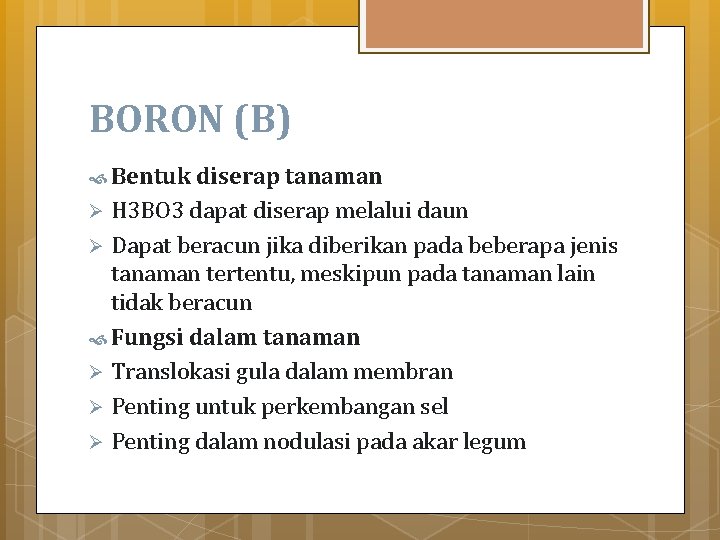 BORON (B) Bentuk diserap tanaman H 3 BO 3 dapat diserap melalui daun Ø