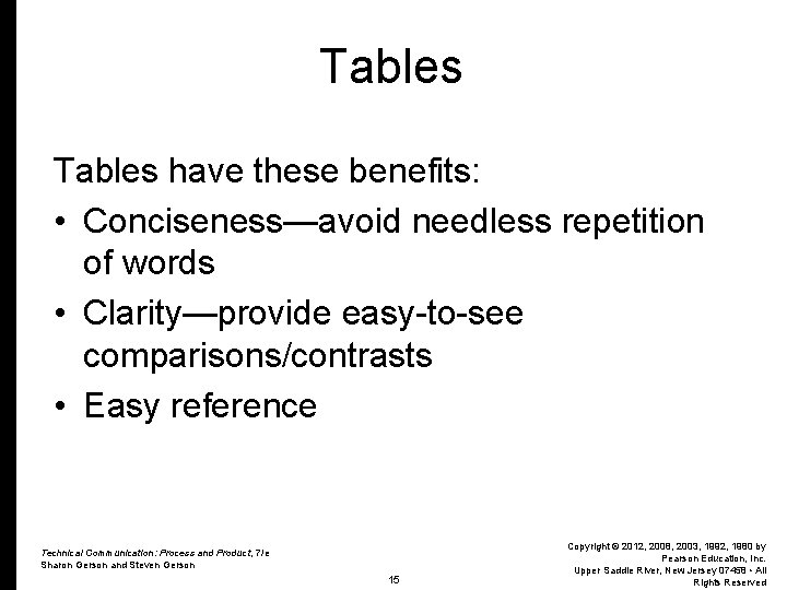Tables have these benefits: • Conciseness—avoid needless repetition of words • Clarity—provide easy-to-see comparisons/contrasts