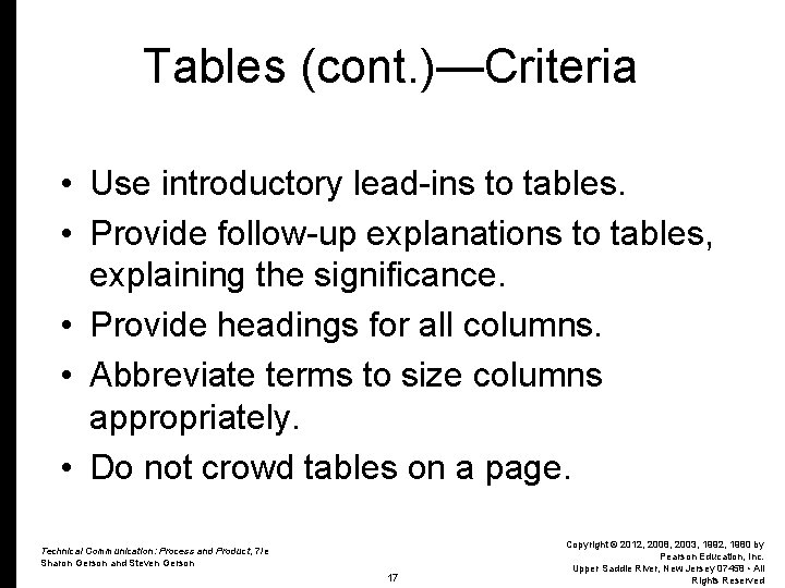 Tables (cont. )—Criteria • Use introductory lead-ins to tables. • Provide follow-up explanations to