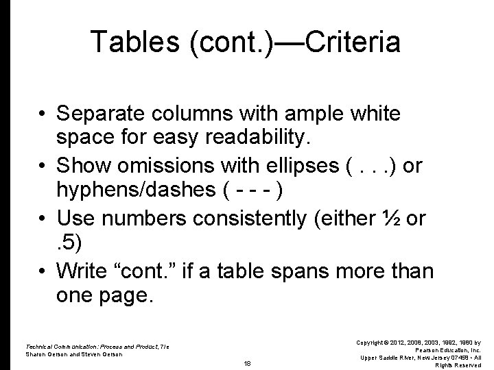 Tables (cont. )—Criteria • Separate columns with ample white space for easy readability. •
