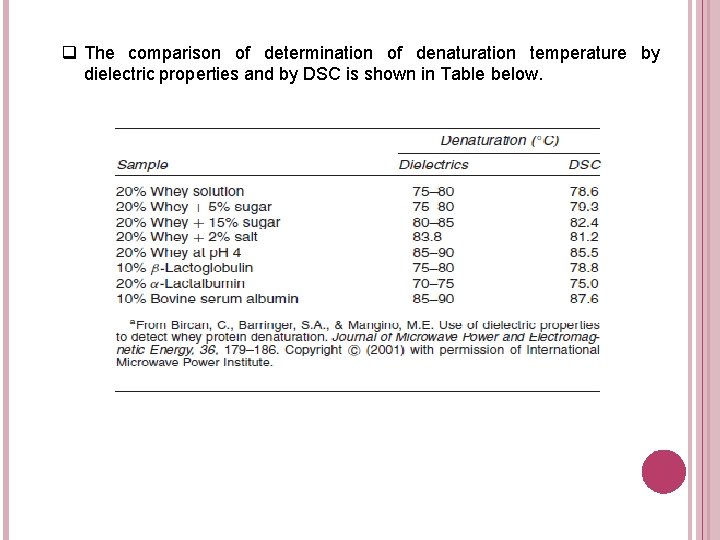 q The comparison of determination of denaturation temperature by dielectric properties and by DSC