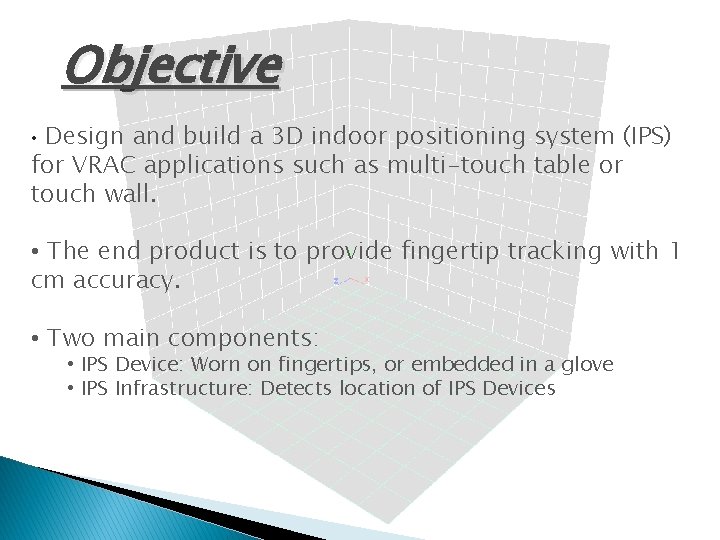 Objective Design and build a 3 D indoor positioning system (IPS) for VRAC applications