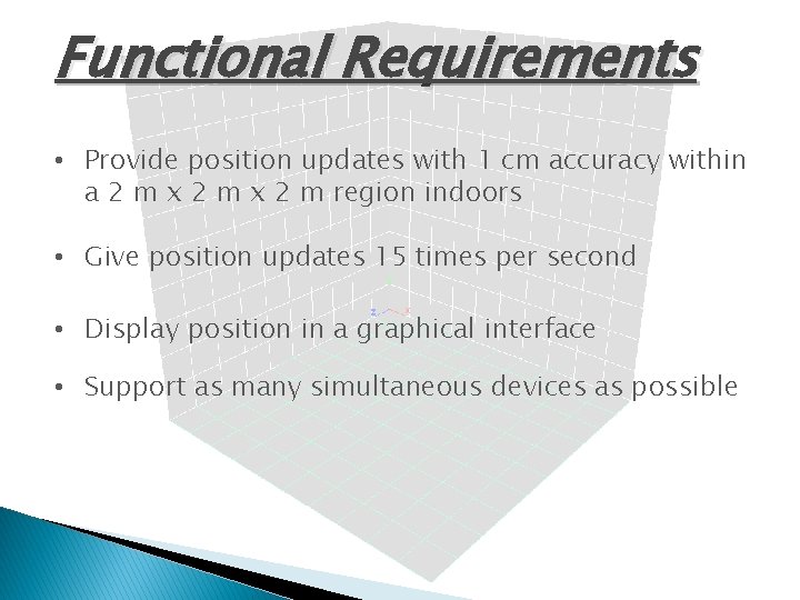 Functional Requirements • Provide position updates with 1 cm accuracy within a 2 m