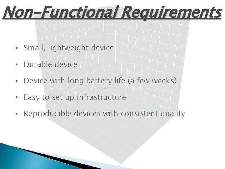 Non-Functional Requirements • Small, lightweight device • Durable device • Device with long battery