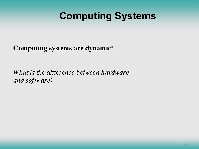 Computing Systems Computing systems are dynamic! What is the difference between hardware and software? Computing Systems Computing systems are dynamic! What is the difference between hardware and software?