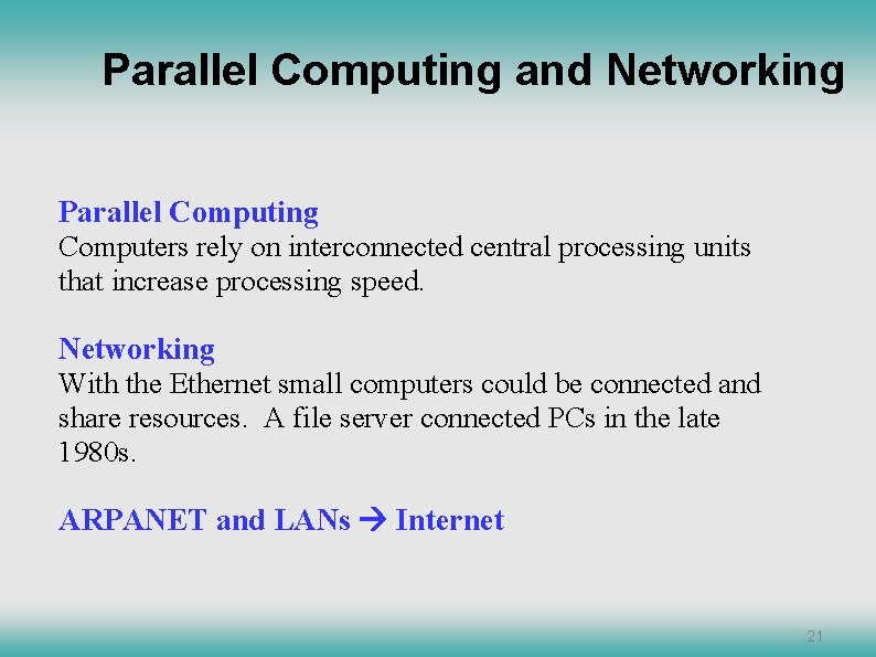 Parallel Computing and Networking Parallel Computing Computers rely on interconnected central processing units that Parallel Computing and Networking Parallel Computing Computers rely on interconnected central processing units that