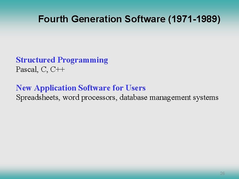 Fourth Generation Software (1971 -1989) Structured Programming Pascal, C, C++ New Application Software for Fourth Generation Software (1971 -1989) Structured Programming Pascal, C, C++ New Application Software for