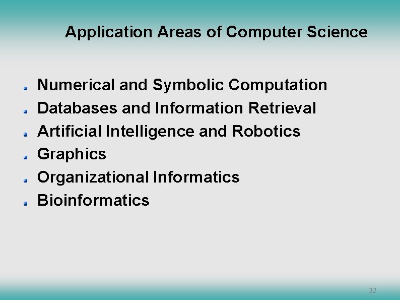Application Areas of Computer Science Numerical and Symbolic Computation Databases and Information Retrieval Artificial Application Areas of Computer Science Numerical and Symbolic Computation Databases and Information Retrieval Artificial