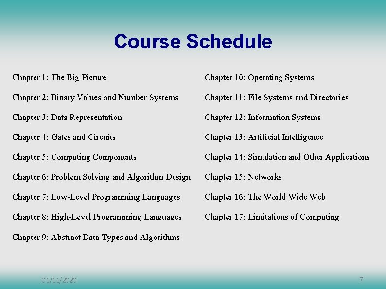 Course Schedule Chapter 1: The Big Picture Chapter 10: Operating Systems Chapter 2: Binary Course Schedule Chapter 1: The Big Picture Chapter 10: Operating Systems Chapter 2: Binary