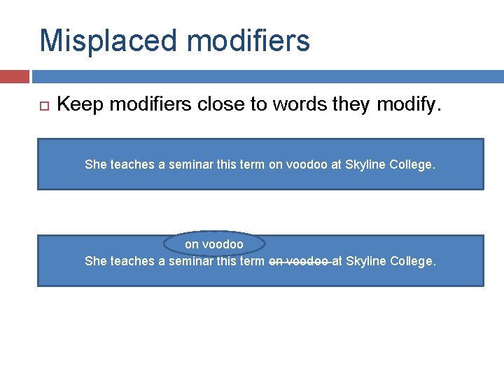 Misplaced modifiers Keep modifiers close to words they modify. She teaches a seminar this Misplaced modifiers Keep modifiers close to words they modify. She teaches a seminar this