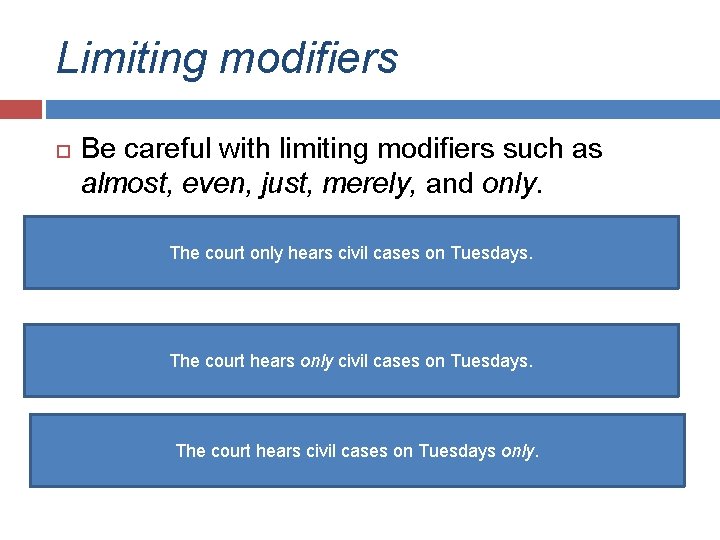 Limiting modifiers Be careful with limiting modifiers such as almost, even, just, merely, and Limiting modifiers Be careful with limiting modifiers such as almost, even, just, merely, and