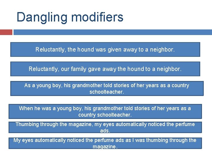 Dangling modifiers Reluctantly, the hound was given away to a neighbor. Reluctantly, our family Dangling modifiers Reluctantly, the hound was given away to a neighbor. Reluctantly, our family