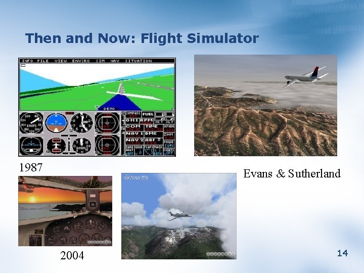 Then and Now: Flight Simulator 1987 Evans & Sutherland 2004 14 