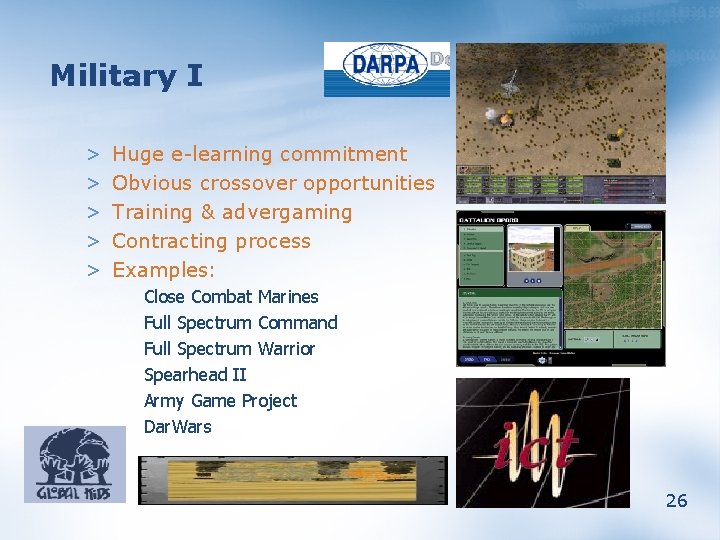 Military I > > > Huge e-learning commitment Obvious crossover opportunities Training & advergaming