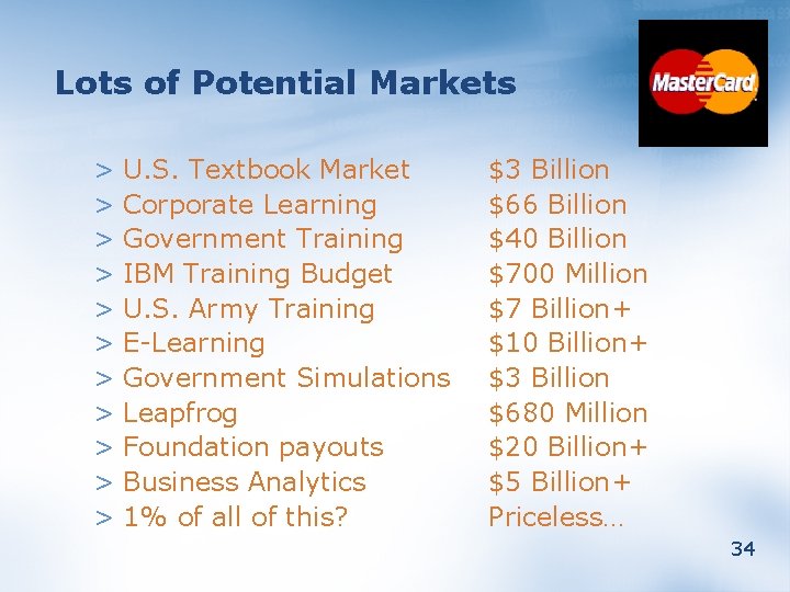 Lots of Potential Markets > U. S. Textbook Market > Corporate Learning > Government