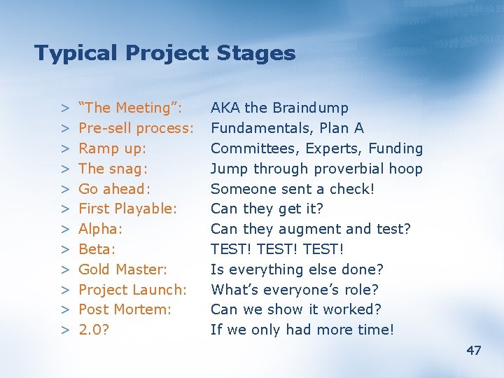 Typical Project Stages > > > “The Meeting”: Pre-sell process: Ramp up: The snag: