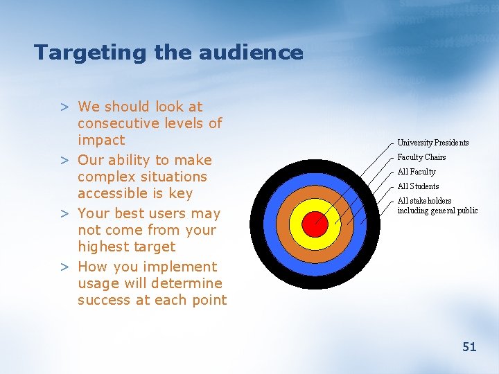 Targeting the audience > We should look at consecutive levels of impact > Our