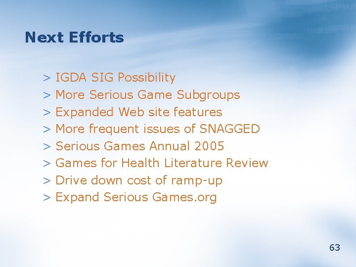 Next Efforts > IGDA SIG Possibility > More Serious Game Subgroups > Expanded Web