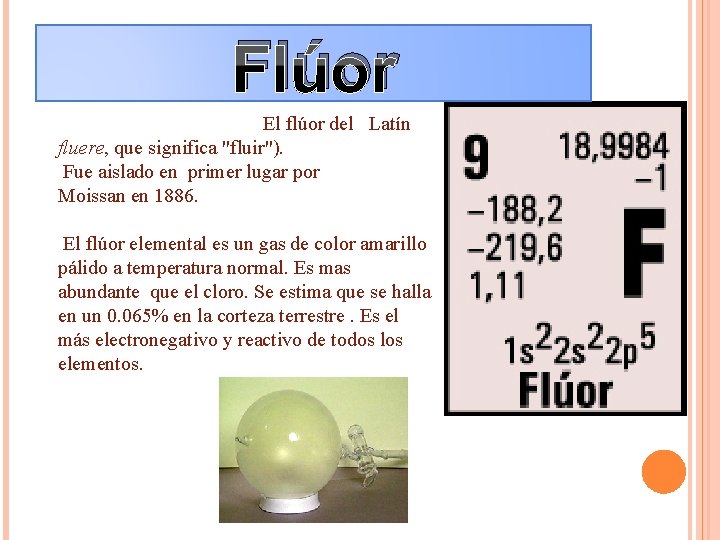 Flúor FLÚOR El flúor del Latín fluere, que significa "fluir"). Fue aislado en primer Flúor FLÚOR El flúor del Latín fluere, que significa "fluir"). Fue aislado en primer
