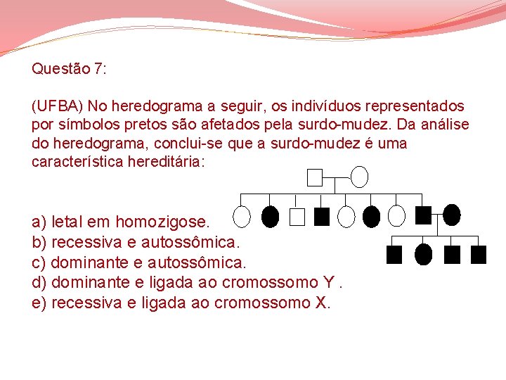 Questão 7: (UFBA) No heredograma a seguir, os indivíduos representados por símbolos pretos são Questão 7: (UFBA) No heredograma a seguir, os indivíduos representados por símbolos pretos são