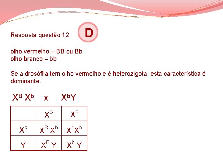 Resposta questão 12: D olho vermelho – BB ou Bb olho branco – bb Resposta questão 12: D olho vermelho – BB ou Bb olho branco – bb