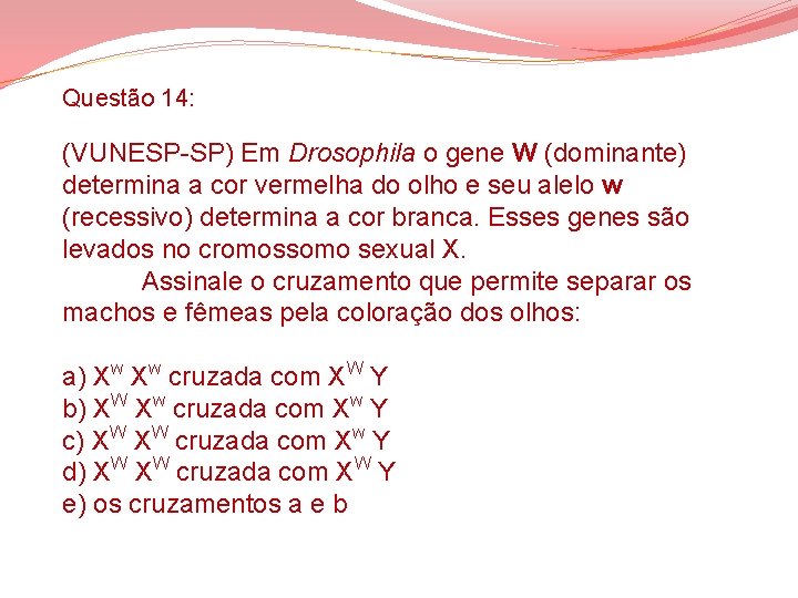 Questão 14: (VUNESP-SP) Em Drosophila o gene W (dominante) determina a cor vermelha do Questão 14: (VUNESP-SP) Em Drosophila o gene W (dominante) determina a cor vermelha do
