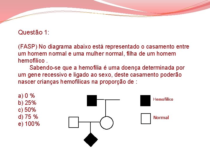 Questão 1: (FASP) No diagrama abaixo está representado o casamento entre um homem normal Questão 1: (FASP) No diagrama abaixo está representado o casamento entre um homem normal