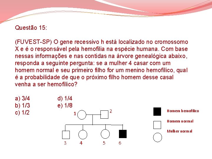Questão 15: (FUVEST-SP) O gene recessivo h está localizado no cromossomo X e é Questão 15: (FUVEST-SP) O gene recessivo h está localizado no cromossomo X e é