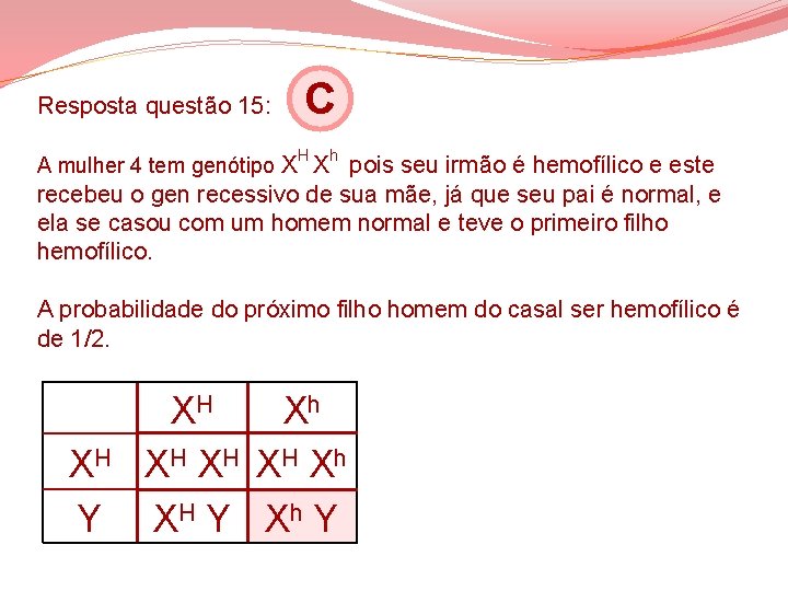 Resposta questão 15: C H h A mulher 4 tem genótipo X X pois Resposta questão 15: C H h A mulher 4 tem genótipo X X pois