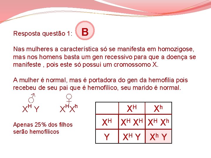 Resposta questão 1: B Nas mulheres a característica só se manifesta em homozigose, mas Resposta questão 1: B Nas mulheres a característica só se manifesta em homozigose, mas
