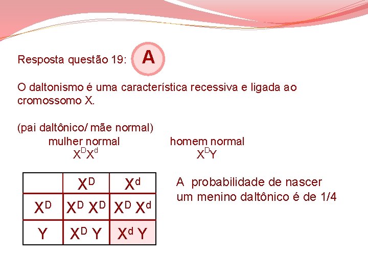 Resposta questão 19: A O daltonismo é uma característica recessiva e ligada ao cromossomo Resposta questão 19: A O daltonismo é uma característica recessiva e ligada ao cromossomo