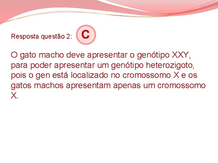 Resposta questão 2: C O gato macho deve apresentar o genótipo XXY, para poder Resposta questão 2: C O gato macho deve apresentar o genótipo XXY, para poder