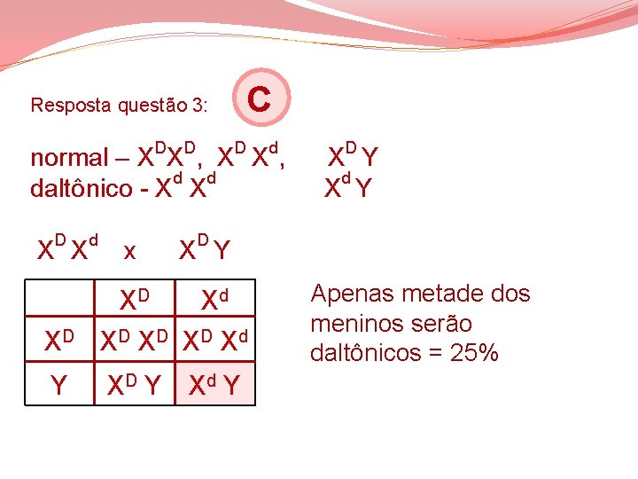 Resposta questão 3: C normal – XDXD, XD Xd, XD Y d d d Resposta questão 3: C normal – XDXD, XD Xd, XD Y d d d