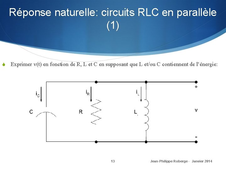 Réponse naturelle: circuits RLC en parallèle (1) S Exprimer v(t) en fonction de R,